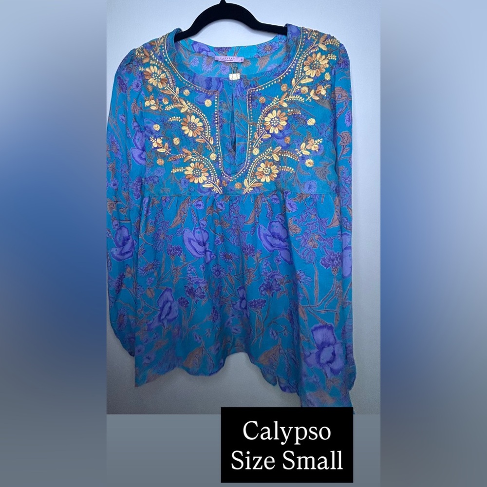 Calypso St. Barth EUC Blue and Purple Embroidered Blouse
